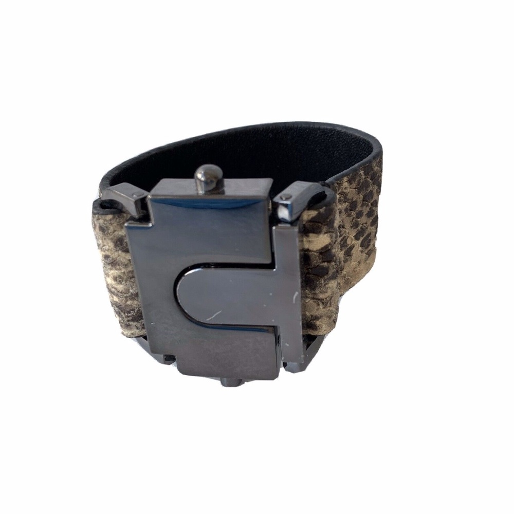 All Saints Leather Snake Cuff Bracelet Chrome Wide